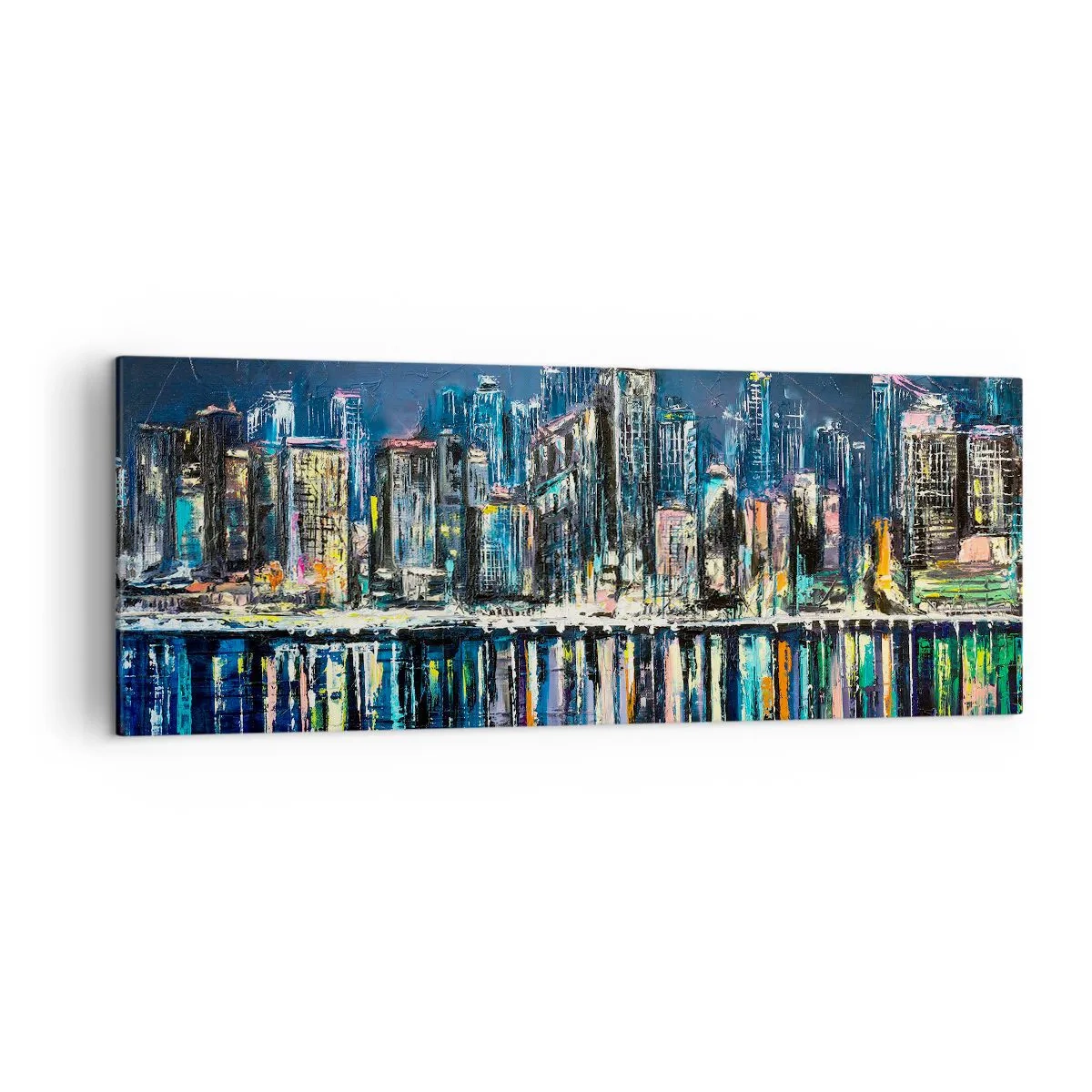 Impression sur toile - Image sur toile - Panorama de la ville nocturne reflétée dans l'eau - 140x50cm - Cascade de lumières - Décoration murale moderne pour le salon et la chambre ARTTOR