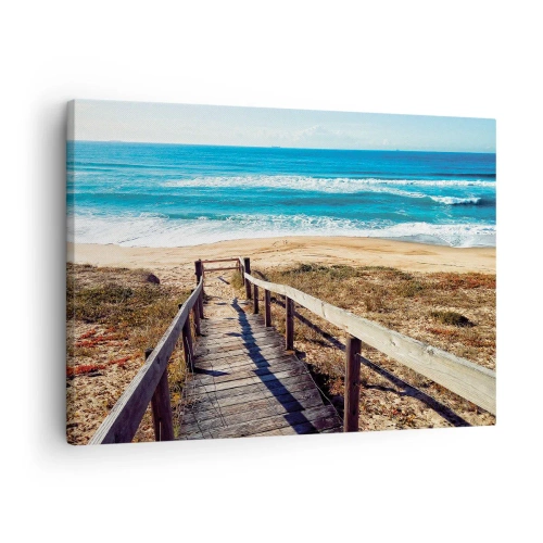 Impression sur toile - Image sur toile - Chemin en bois menant à la plage - 70x50cm - Cours! - Décoration murale moderne pour le salon et la chambre ARTTOR