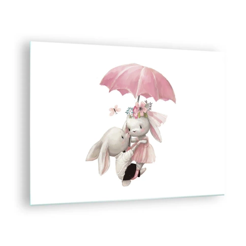 Impression sur verre - Image sur verre - Deux lapins sous un parapluie rose dans une scène romantique - 70x50cm - C'est ça l'amour - Décoration murale moderne pour le salon et la chambre ARTTOR