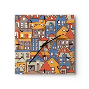 Horloge murale - Pendule murale - Maisons colorées dans un style graphique sur fond clair - 30x30cm - Derrière la maison, une maison - Décoration murale moderne pour le salon et la chambre ARTTOR