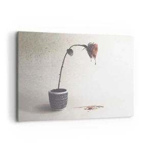 Impression sur toile - Image sur toile - Une rose rouge dans un pot avec des gouttes de colorant sur un fond blanc - 120x80cm - Rosa dolorosa - Décoration murale moderne pour le salon et la chambre ARTTOR
