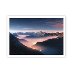 Affiche - Poster - Un paysage de montagne avec une vallée remplie de brouillard - 100x70cm - Lumière dans les vallées - Décoration murale moderne pour le salon et la chambre ARTTOR