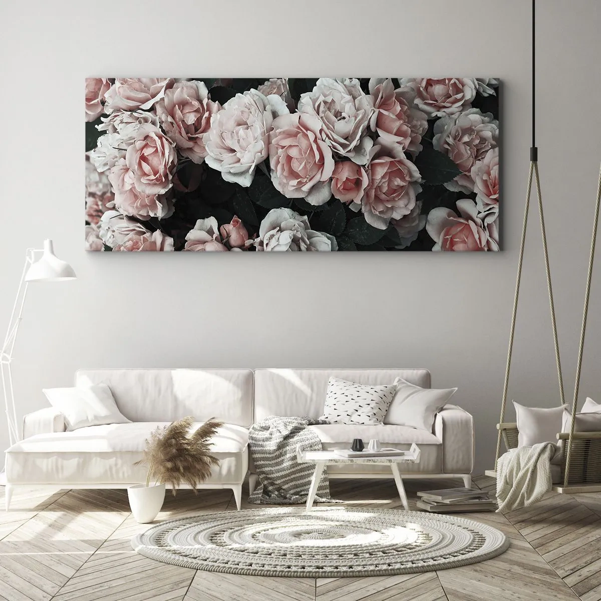 Impression sur toile - Image sur toile - Roses roses sur fond sombre dans une composition subtile - 140x50cm - Ensemble de rose - Décoration murale moderne pour le salon et la chambre ARTTOR