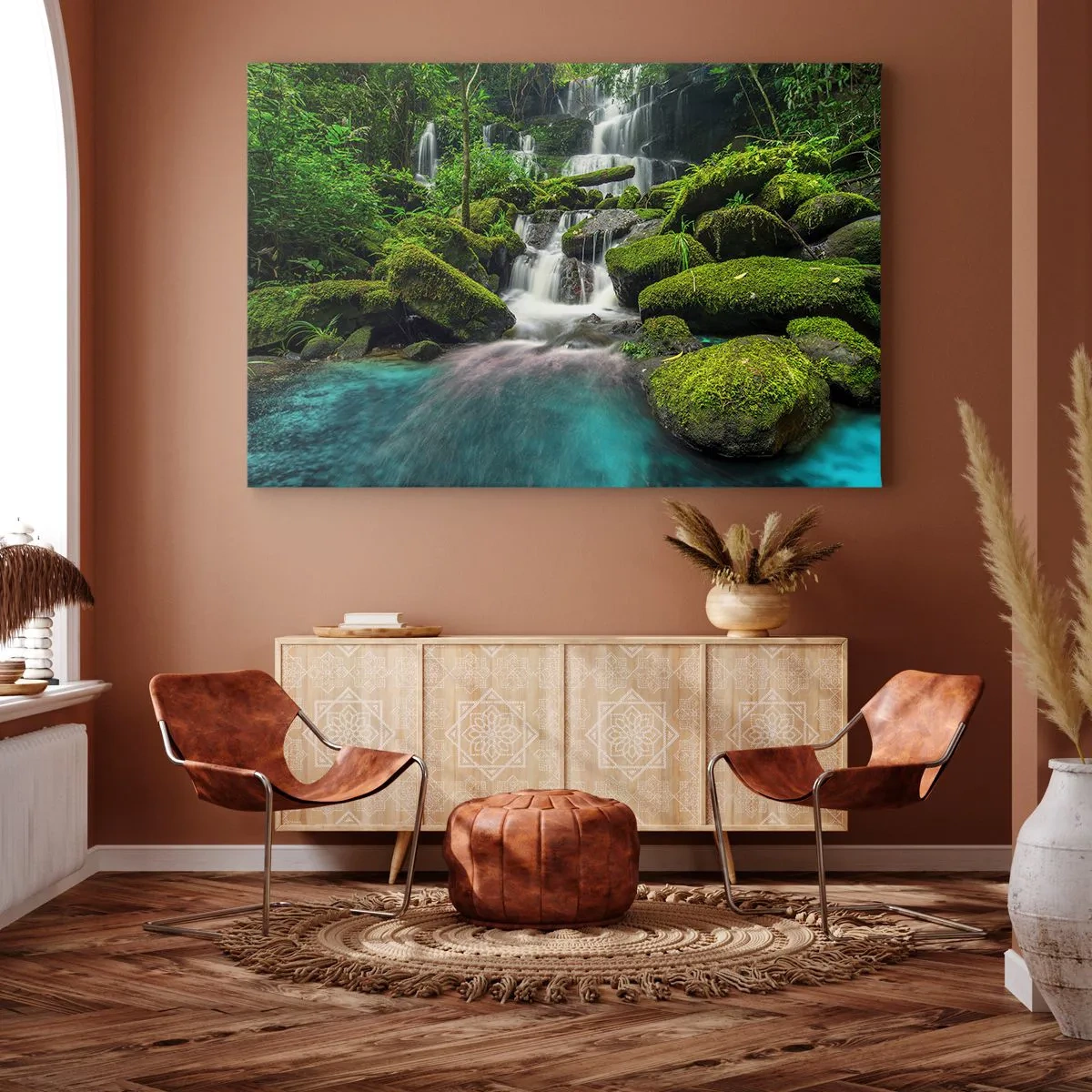 Impression sur toile - Image sur toile - Une cascade tropicale entourée de verdure et d'eau turquoise - 120x80cm - Turquoise, saphirs et argent liquide - Décoration murale moderne pour le salon et la chambre ARTTOR
