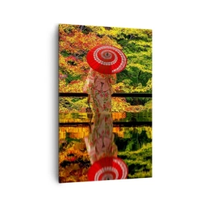 Impression sur toile - Image sur toile - Une femme en kimono avec un parapluie sur fond de paysage d'automne. - 80x120cm - Dans le temple de la nature - Décoration murale moderne pour le salon et la chambre ARTTOR