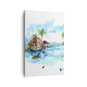 Impression sur toile - Image sur toile - Aquarelle représentant un paysage tropical avec des maisons et des palmiers - 80x120cm - Quelque part dans le Pacifique - Décoration murale moderne pour le salon et la chambre ARTTOR