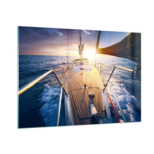 Impression sur verre - Image sur verre - Le pont d'un voilier sur fond de soleil couchant et de vagues de la mer - 100x70cm - Courir sur les vagues - Décoration murale moderne pour le salon et la chambre ARTTOR