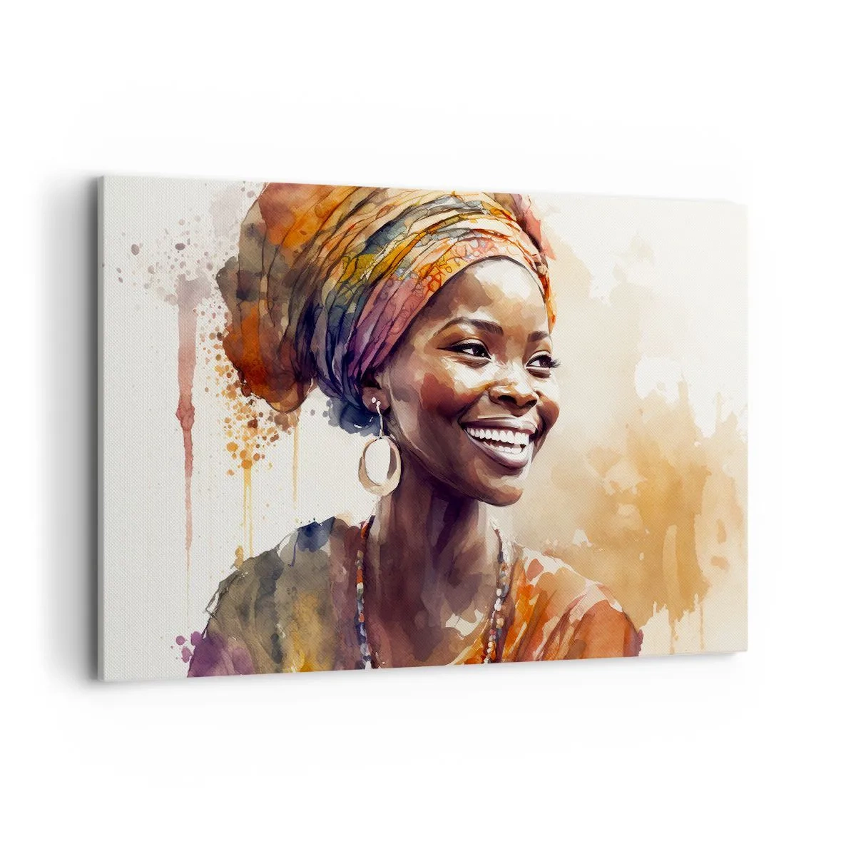 Impression sur toile - Image sur toile - Portrait d'une femme souriante dans un foulard coloré à l'aquarelle - 120x80cm - reine africaine - Décoration murale moderne pour le salon et la chambre ARTTOR