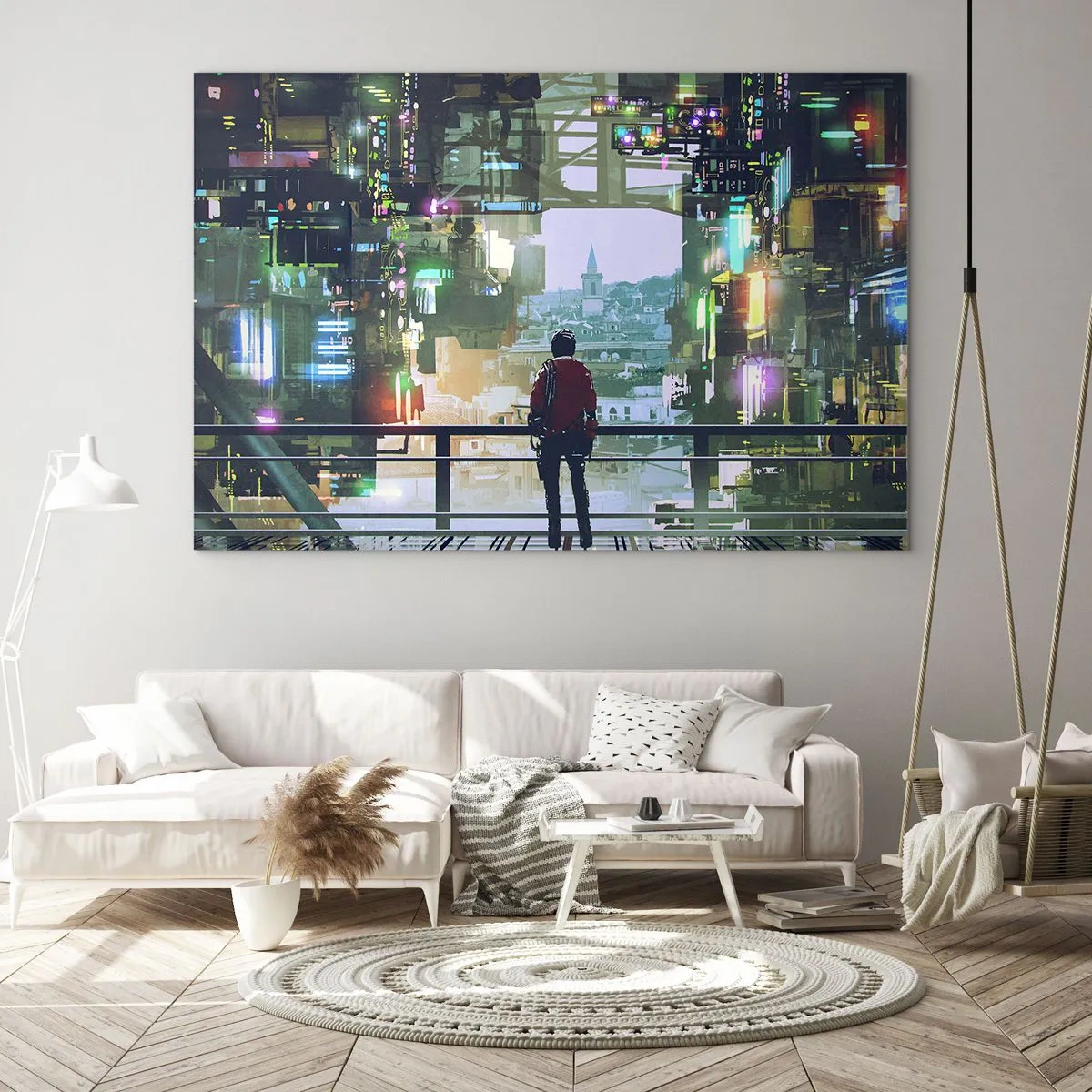 Impression sur verre - Image sur verre - Une figure sur fond de ville futuriste avec vue sur la vieille ville - 70x50cm - Deux mondes - Décoration murale moderne pour le salon et la chambre ARTTOR