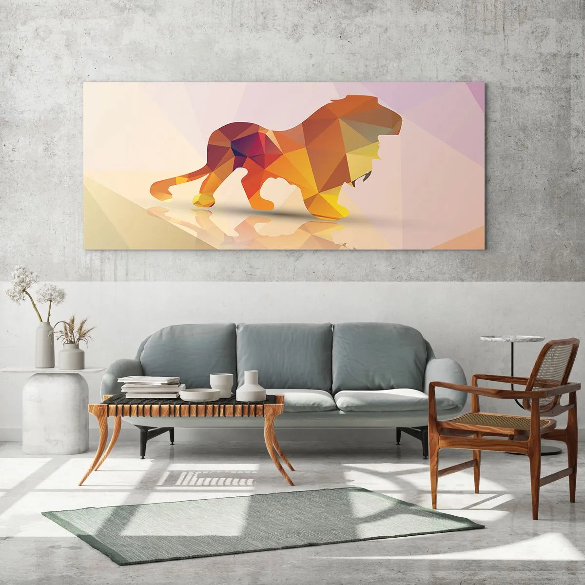 Impression sur verre - Image sur verre - Silhouette géométrique d'un lion dans les tons jaune et orange - 160x50cm - Le roi du diamant - Décoration murale moderne pour le salon et la chambre ARTTOR