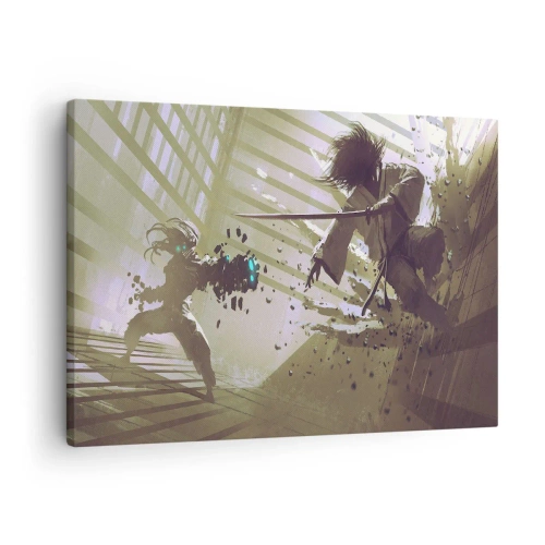 Impression sur toile - Image sur toile - Combat dynamique entre deux personnages dans un style futuriste - 70x50cm - Et tu peux être un samouraï - Décoration murale moderne pour le salon et la chambre ARTTOR