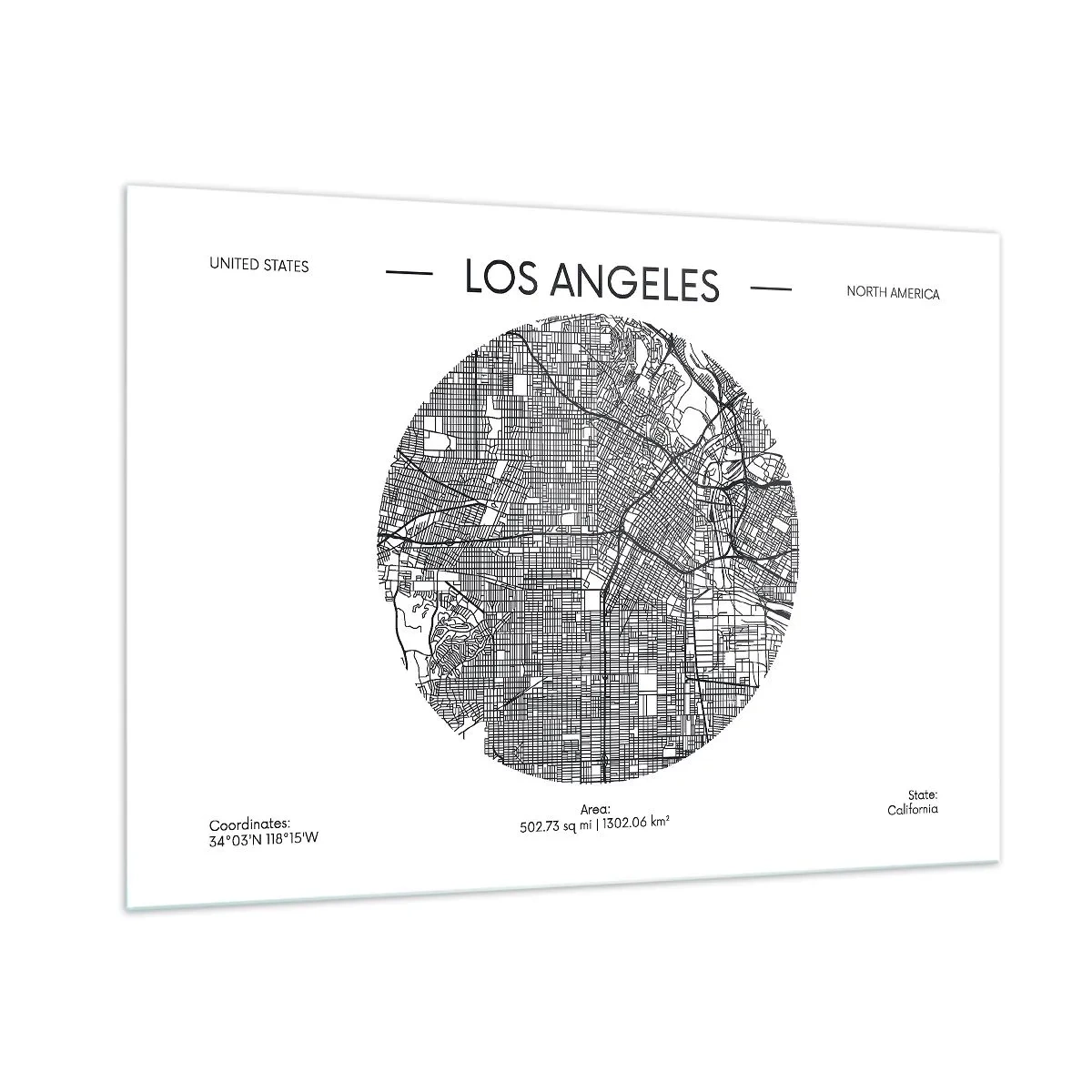 Impression sur verre - Image sur verre - Une carte minimaliste en noir et blanc de Los Angeles. - 100x70cm - Anatomie de Los Angeles - Décoration murale moderne pour le salon et la chambre ARTTOR