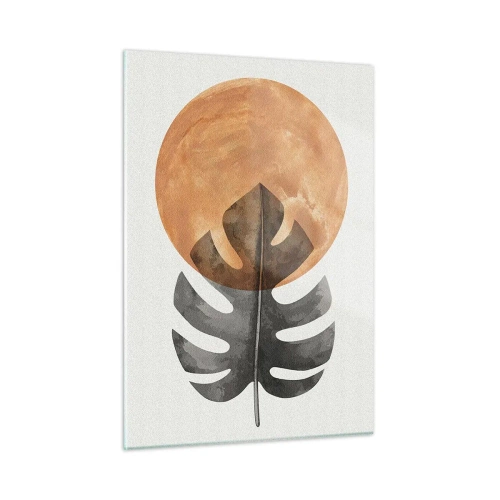 Impression sur verre - Image sur verre - Feuille de Monstera et cercle orange dans un style graphique sur fond blanc. - 50x70cm - Toujours le soleil - Décoration murale moderne pour le salon et la chambre ARTTOR