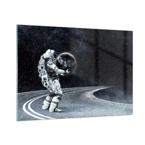 Impression sur verre - Image sur verre - Un astronaute transportant la Terre sur son chemin à travers l'univers - 100x70cm - Sur la Voie Lactée - Décoration murale moderne pour le salon et la chambre ARTTOR