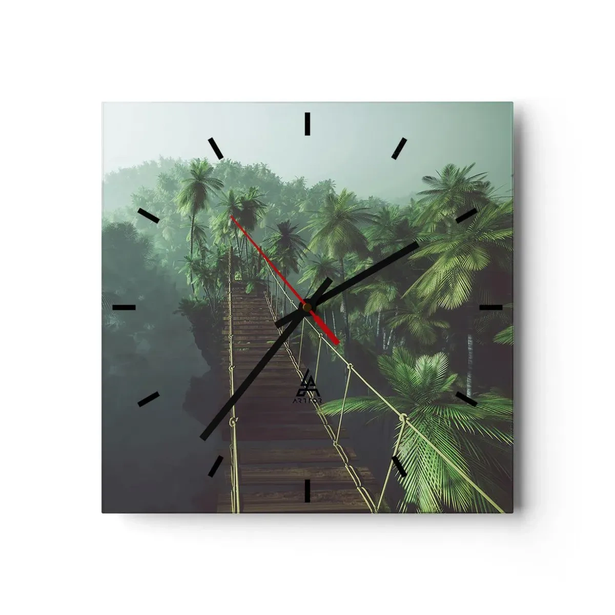 Horloge murale - Pendule murale - Un pont suspendu dans une forêt tropicale entourée de brouillard. - 30x30cm - Au fil de la verdure - Décoration murale moderne pour le salon et la chambre ARTTOR