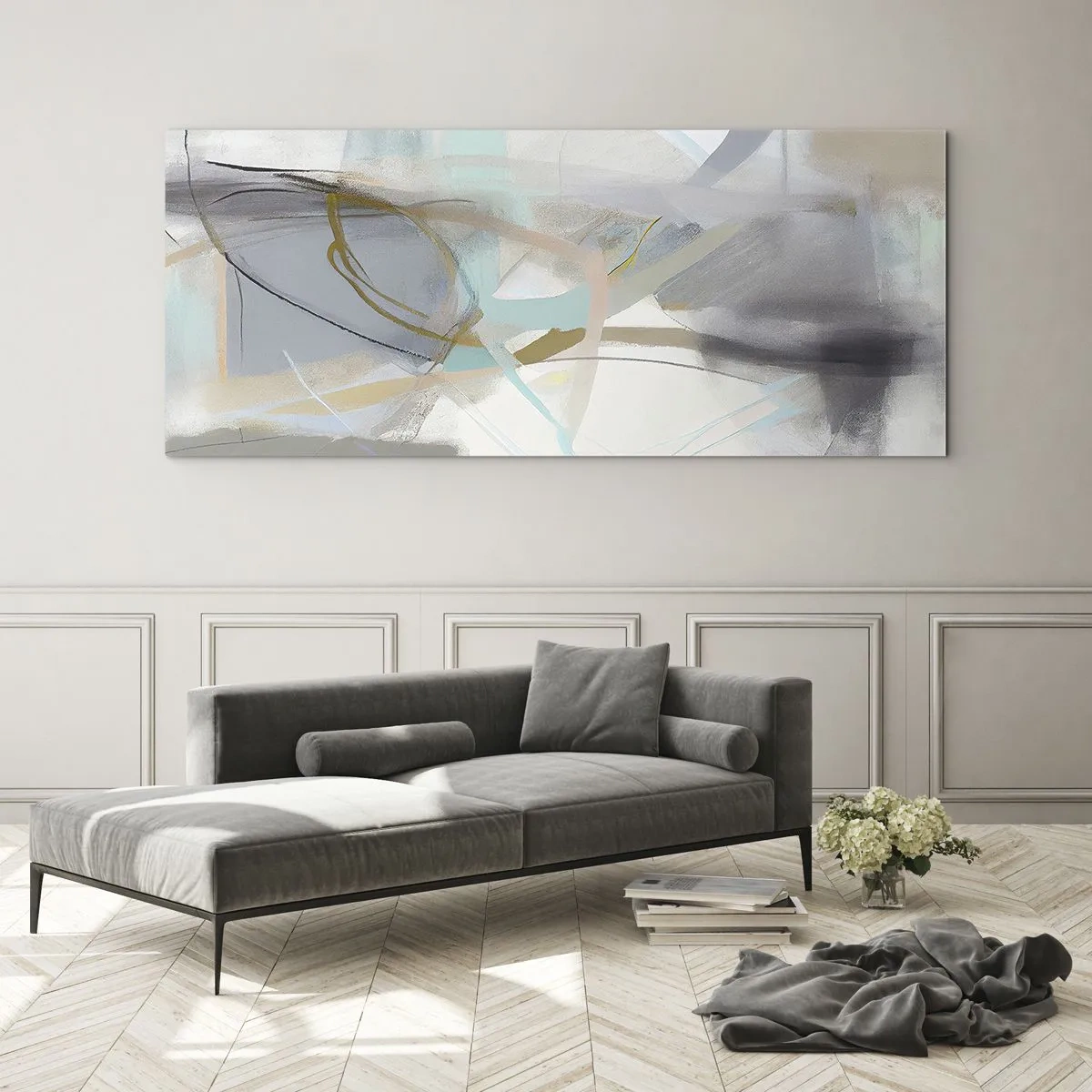 Impression sur verre - Image sur verre - Abstraction pastel aux lignes délicates - 160x50cm - Abstraction brumeuse - Décoration murale moderne pour le salon et la chambre ARTTOR