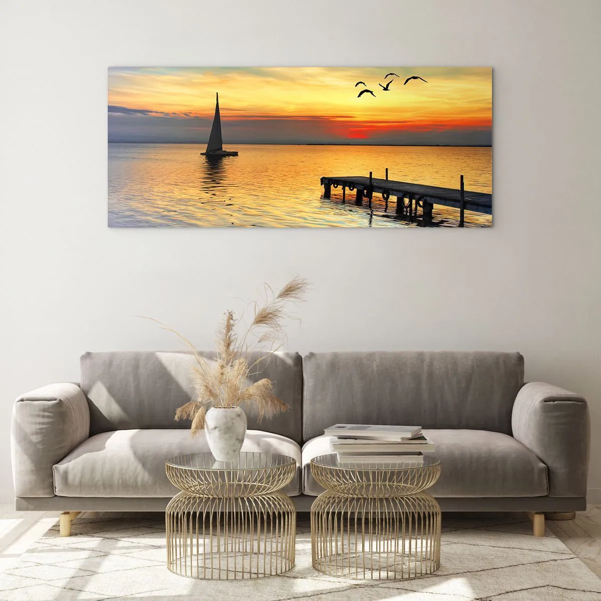 Impression sur verre - Image sur verre - Coucher de soleil avec un voilier et une jetée sur un lac calme - 140x50cm - Le soir revient - Décoration murale moderne pour le salon et la chambre ARTTOR