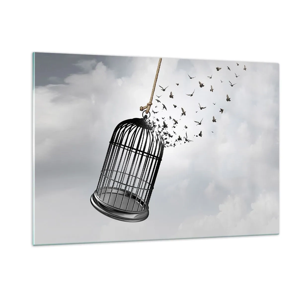 Impression sur verre - Image sur verre - L'ouverture de la cage et les oiseaux qui s'envolent dans le ciel - 120x80cm - Foie...Espoir...Liberté! - Décoration murale moderne pour le salon et la chambre ARTTOR