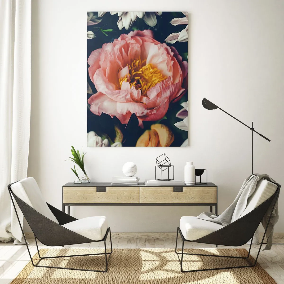 Impression sur verre - Image sur verre - Composition florale avec pivoines et chrysanthèmes sur fond sombre - 70x100cm - Splendeur baroque - Décoration murale moderne pour le salon et la chambre ARTTOR