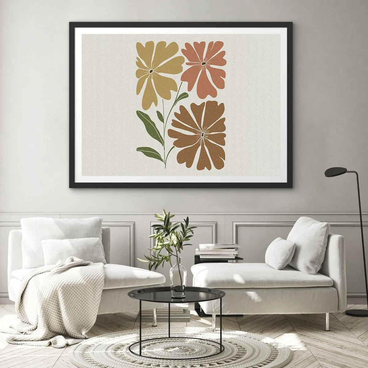 Affiche dans un cadre noir - Poster - Trois fleurs aux couleurs chaudes sur un fond clair - 100x70cm - Nature et géométrie - Décoration murale moderne pour le salon et la chambre ARTTOR
