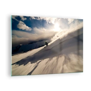 Impression sur verre - Image sur verre - Un skieur dévalant une pente à la lumière du soleil d'hiver - 70x50cm - Défi montagne accepté - Décoration murale moderne pour le salon et la chambre ARTTOR