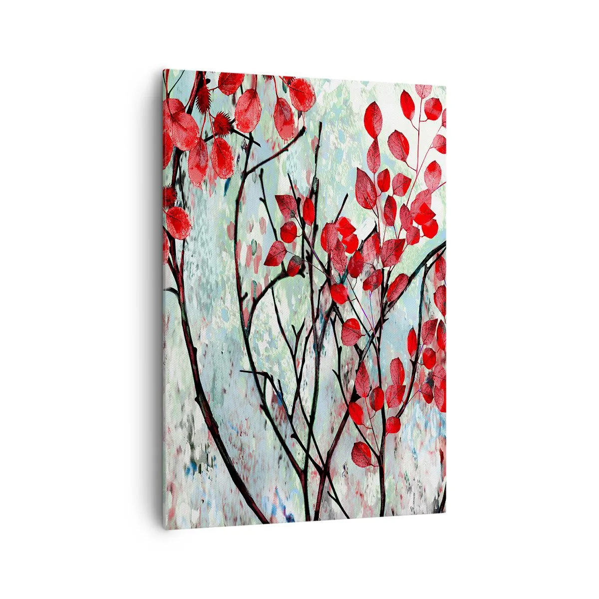 Impression sur toile - Image sur toile - Feuilles rouges sur un ciel lumineux avec des motifs abstraits - 70x100cm - Arbre en écarlate - Décoration murale moderne pour le salon et la chambre ARTTOR