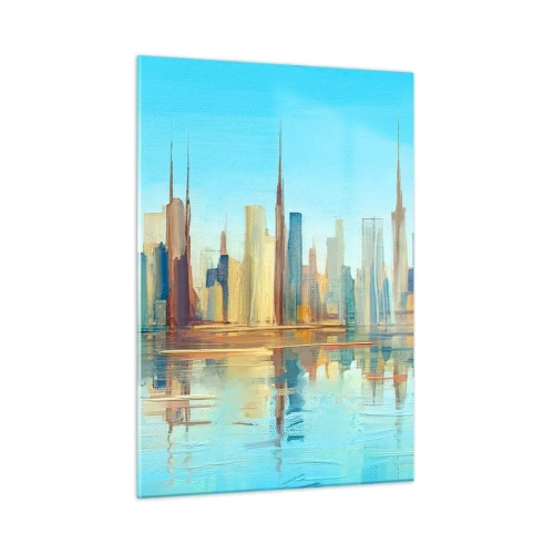Impression sur verre - Image sur verre - Un panorama de la métropole reflété dans l'eau sous un ciel bleu - 50x70cm - Une métropole ensoleillée - Décoration murale moderne pour le salon et la chambre ARTTOR