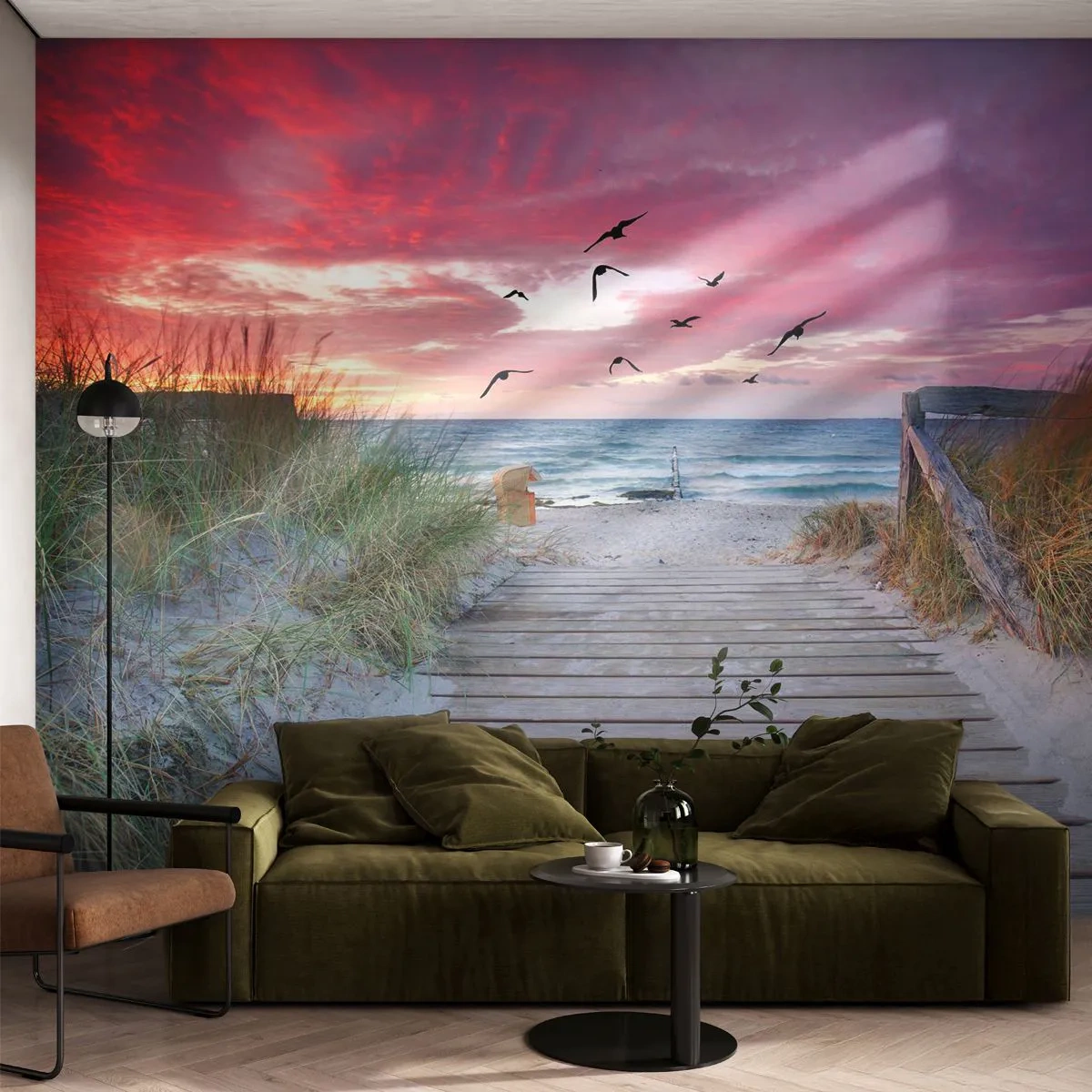 Papier Peint Photo Premium Sand - Impression de la Baltique - Paysage marin, Plage, Des oiseaux - 350x256 cm