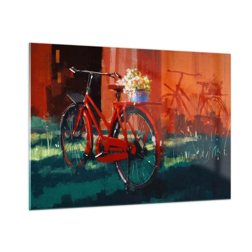 Impression sur verre - Image sur verre - Un vélo rouge avec des fleurs devant un bâtiment rouge - 100x70cm - I want to ride my bicycle - Décoration murale moderne pour le salon et la chambre ARTTOR