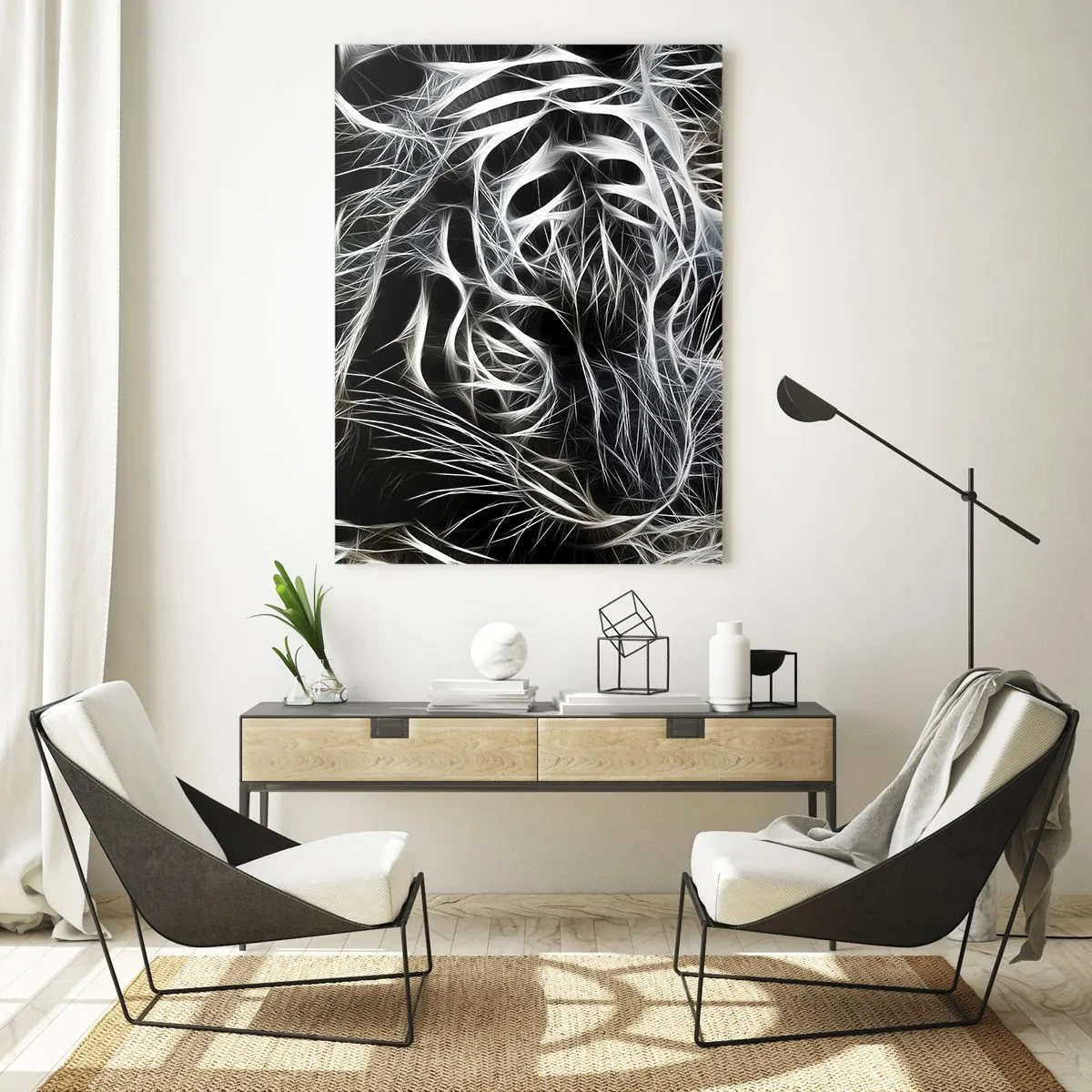 Impression sur verre - Image sur verre - Tigre abstrait en lignes lumineuses sur fond noir - 50x70cm - Une étude de la légèreté du chat - Décoration murale moderne pour le salon et la chambre ARTTOR