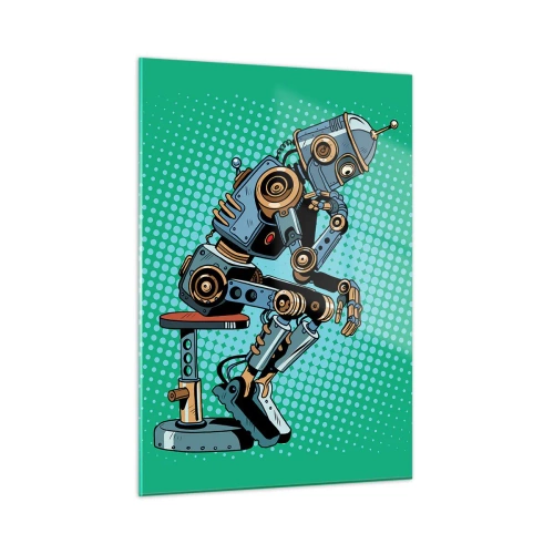 Impression sur verre - Image sur verre - Un robot penseur sur un fond de motif pop art vert. - 50x70cm - Au-dessus de l'essence de l'être - Décoration murale moderne pour le salon et la chambre ARTTOR