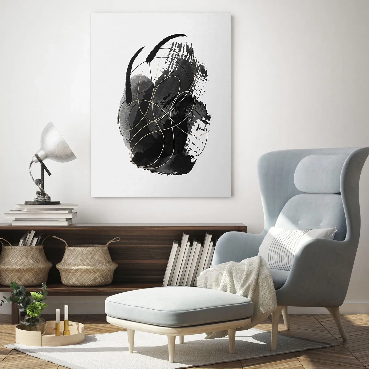 Impression sur verre - Image sur verre - Une composition abstraite de noir avec des accents dorés - 50x70cm - Fait de noir - Décoration murale moderne pour le salon et la chambre ARTTOR