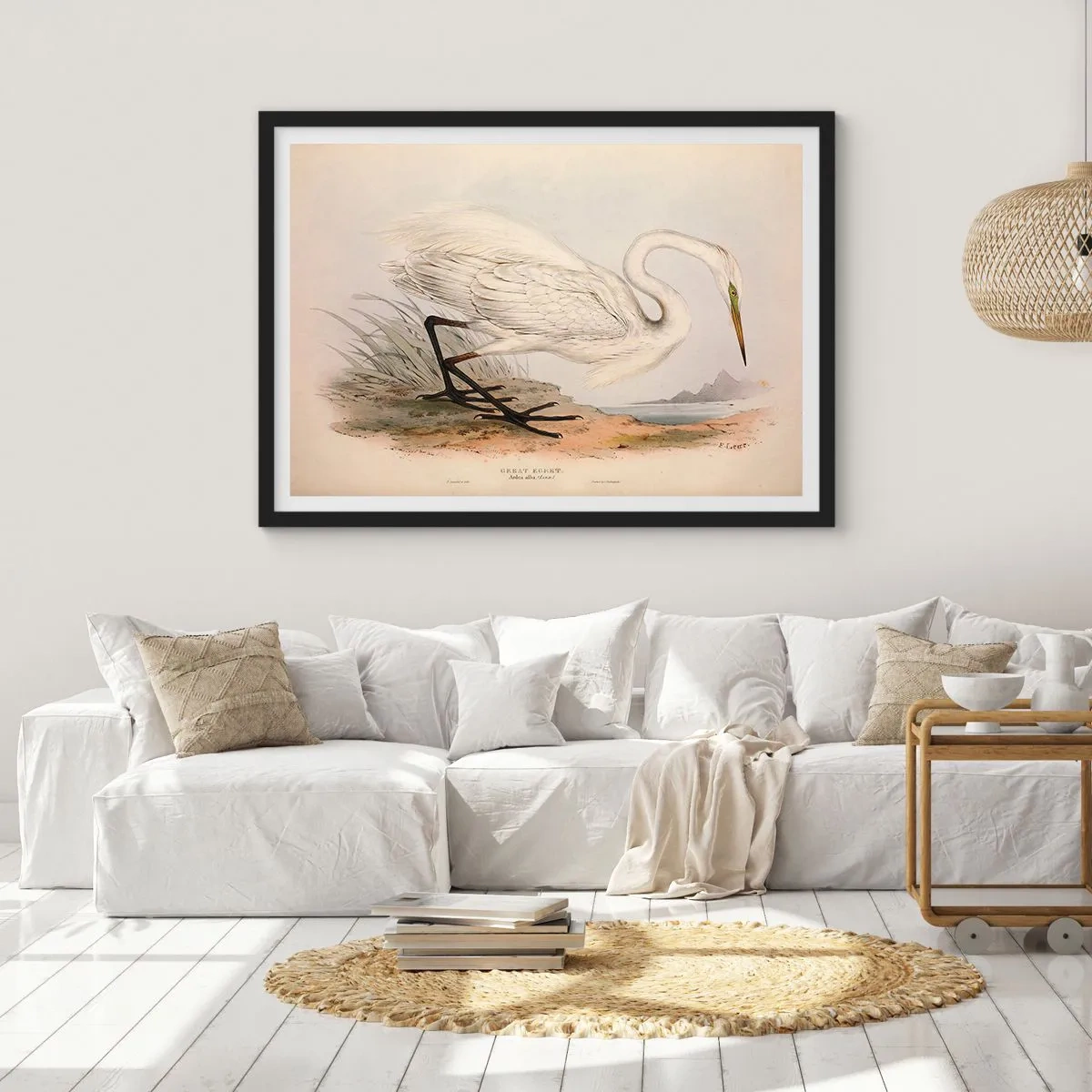 Affiche dans un cadre noir - Poster - Dessin d'un héron blanc sur fond de paysage naturel - 70x50cm - Dame sur les joncs - Décoration murale moderne pour le salon et la chambre ARTTOR