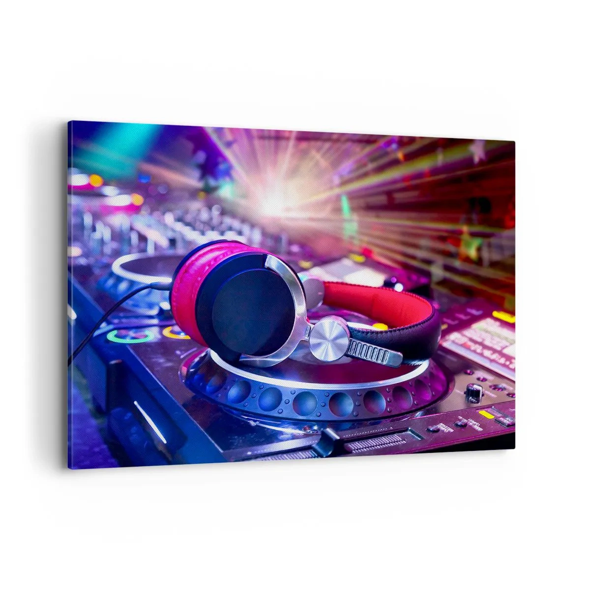 Impression sur toile - Image sur toile - Casque DJ sur une console éclairée par des projecteurs lors d'une fête - 100x70cm - Il va s'en passer des choses - Décoration murale moderne pour le salon et la chambre ARTTOR