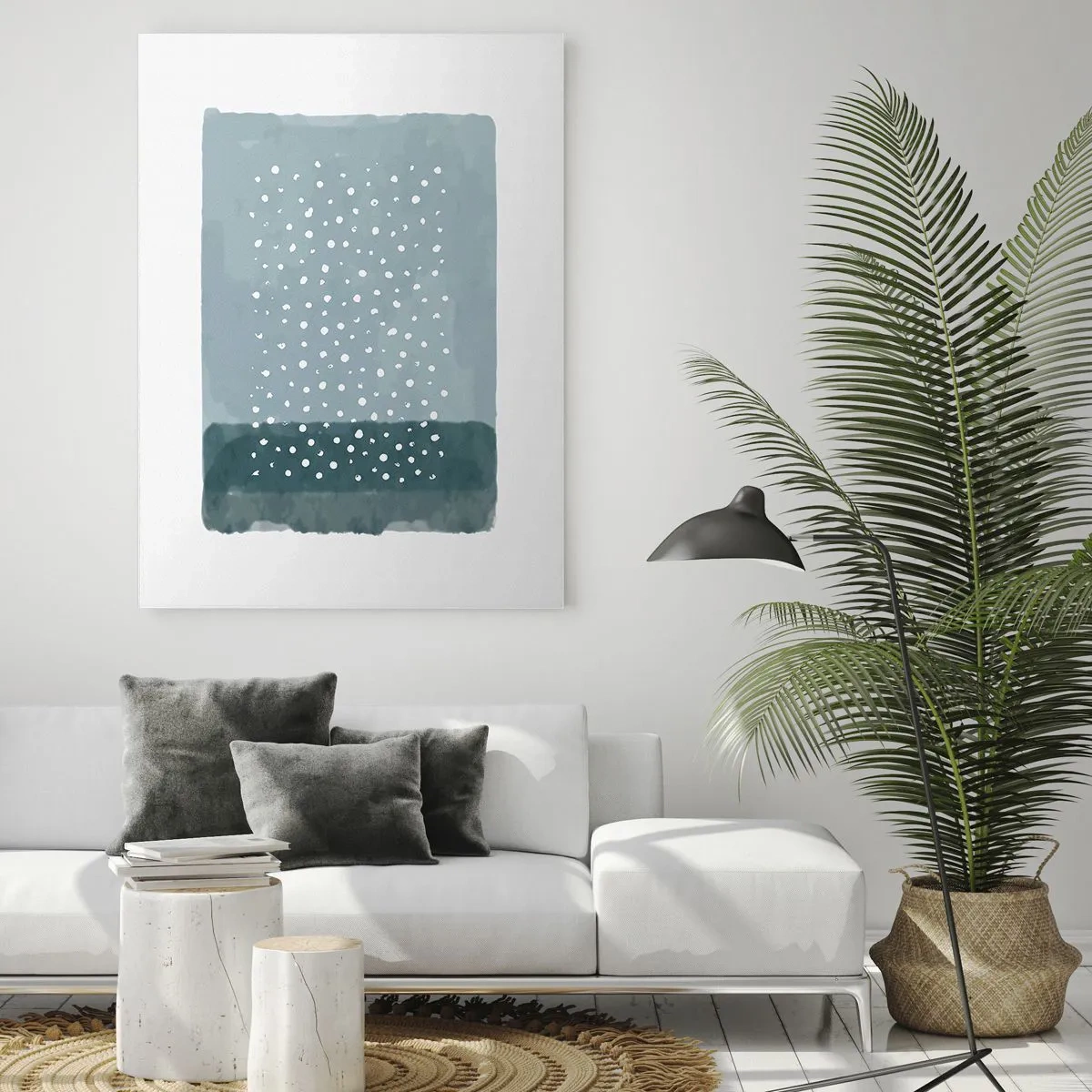 Impression sur verre - Image sur verre - Une peinture abstraite dans des tons de bleu avec des points blancs. - 50x70cm - Évolution de bleus - Décoration murale moderne pour le salon et la chambre ARTTOR