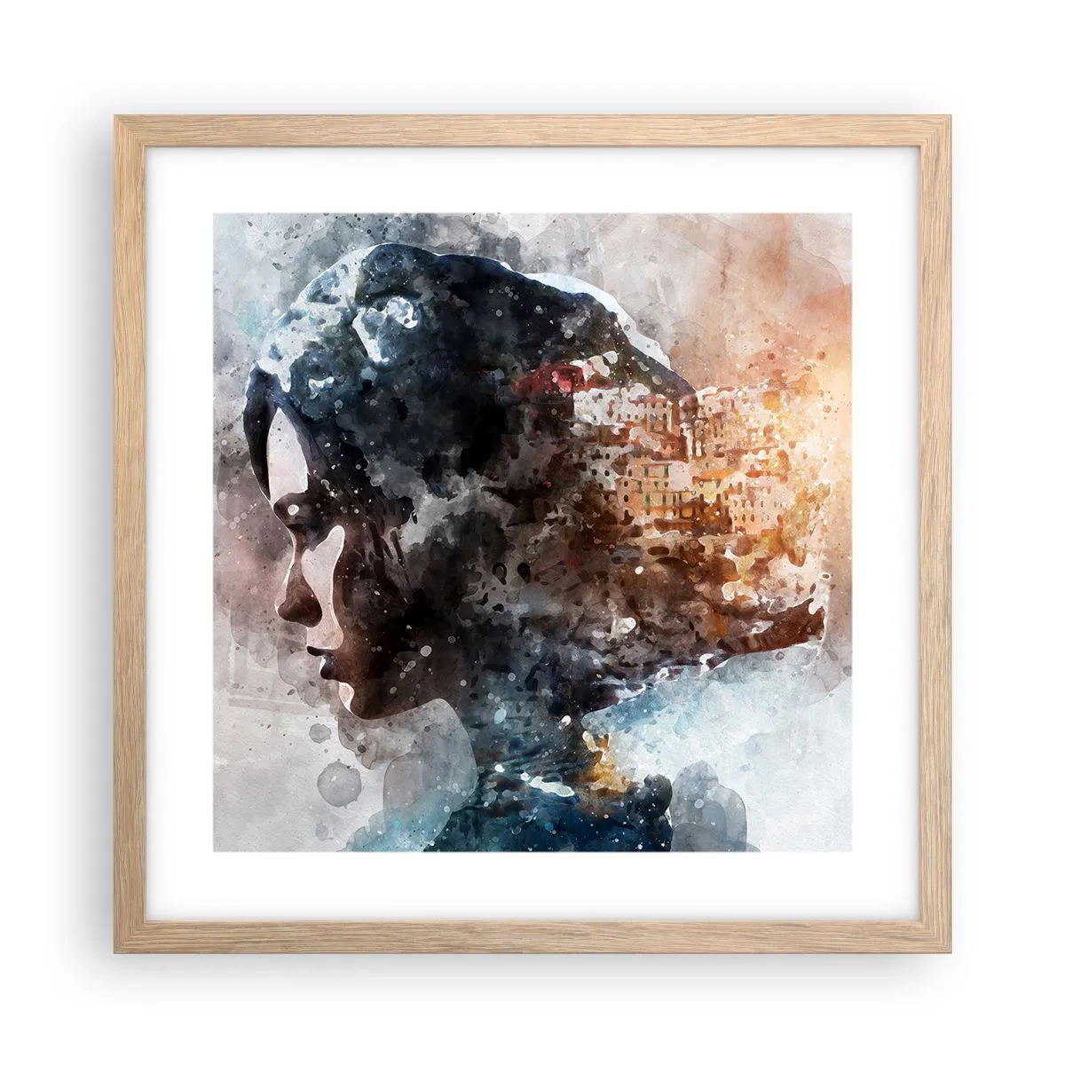 Affiche dans un chêne clair - Poster - L'histoire d'une fille avec une ville en arrière-plan - 40x40 cm