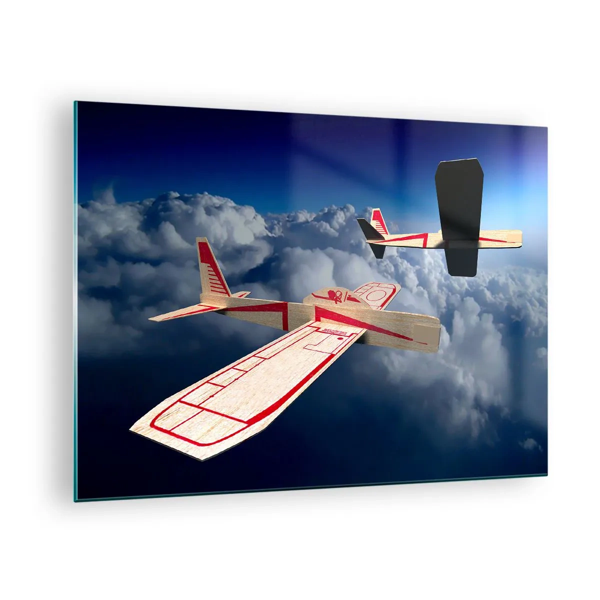 Impression sur verre - Image sur verre - Modèles réduits d'avions glissant dans les nuages - 70x50cm - Encore plus haut, encore plus loin - Décoration murale moderne pour le salon et la chambre ARTTOR