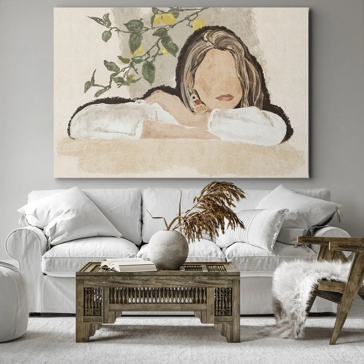 Impression sur toile - Image sur toile - La figure d'une femme sur fond de citronnier - 100x70cm - La beauté du sud - Décoration murale moderne pour le salon et la chambre ARTTOR