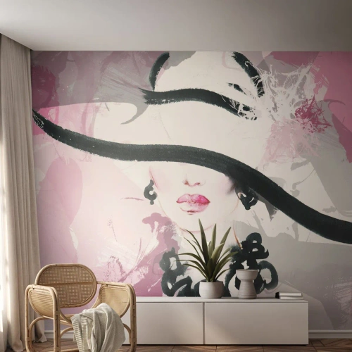 Papier peint sur mesure Premium Sand - Portrait d'une dame en noir et rose - Femme, Visage de femme, Abstraction