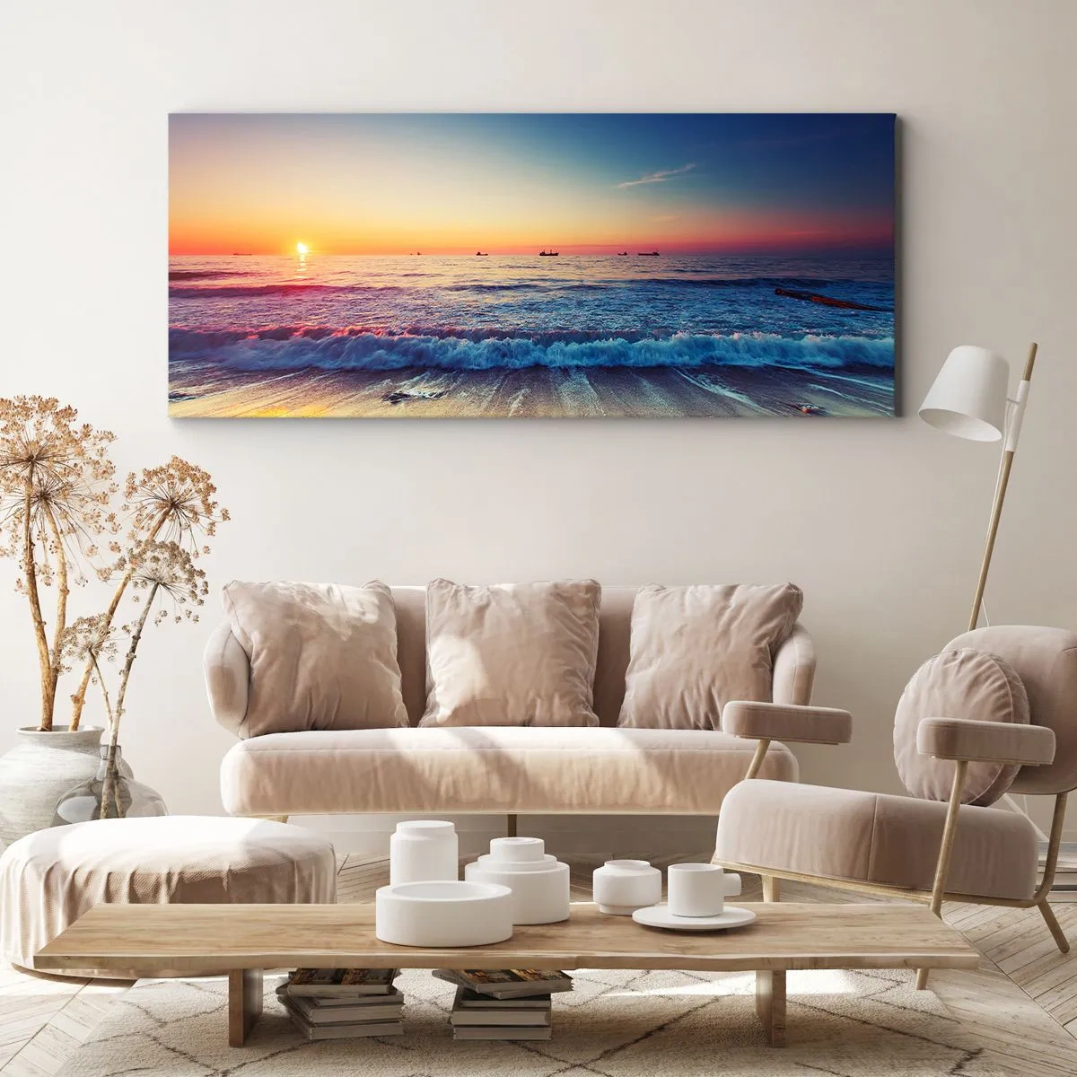 Impression sur toile - Image sur toile - Coucher de soleil sur une mer calme avec des vagues - 120x50cm - Mais quel horizon ? - Décoration murale moderne pour le salon et la chambre ARTTOR