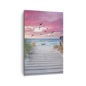Impression sur toile - Image sur toile - Chemin en bois sur la plage au coucher du soleil rose - 80x120cm - Impression de la Baltique - Décoration murale moderne pour le salon et la chambre ARTTOR
