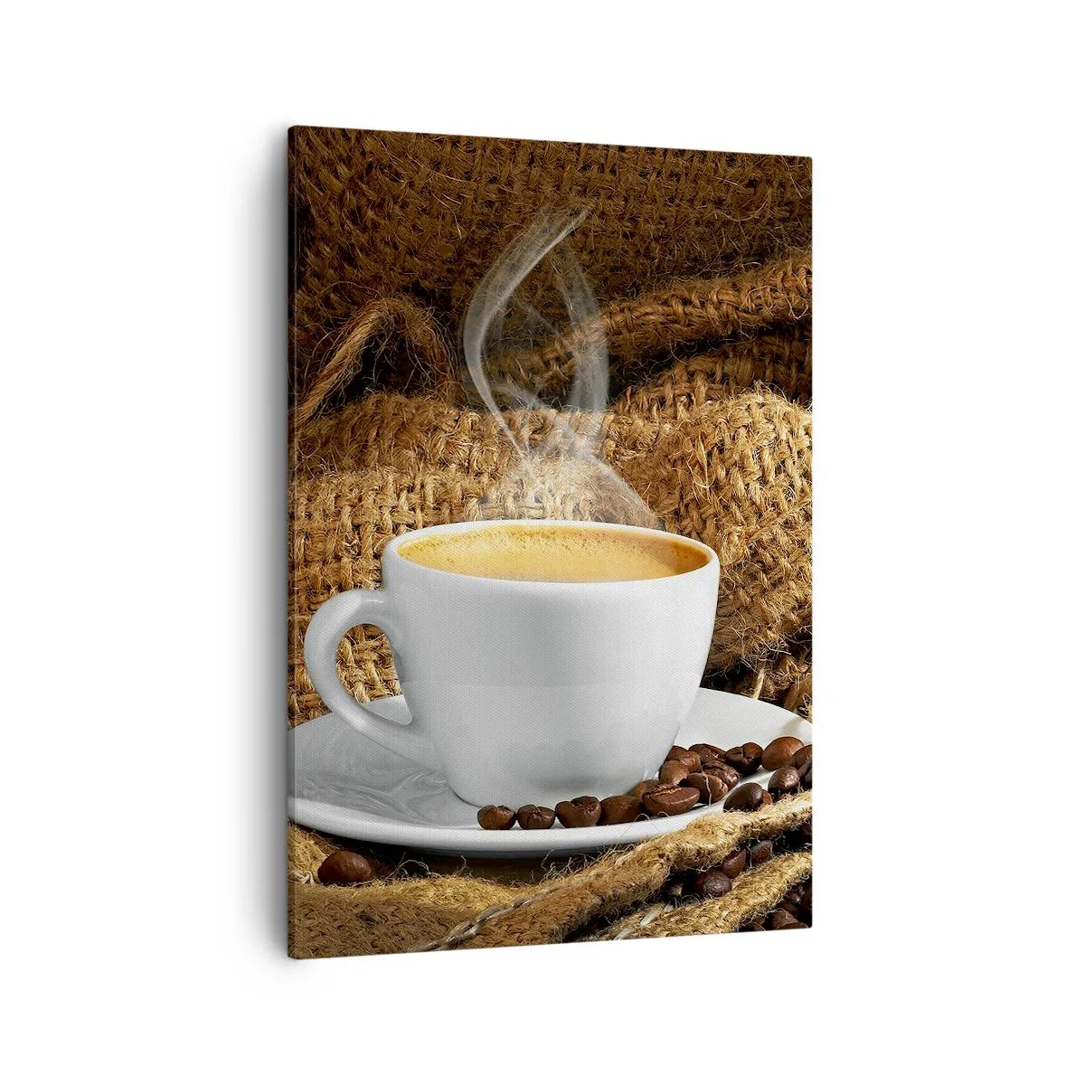 Impression sur toile - Image sur toile - Une tasse de café entourée d'un sac de grains de café - 50x70cm - L'odeur du moka et la densité du miel liquide - Décoration murale moderne pour le salon et la chambre ARTTOR