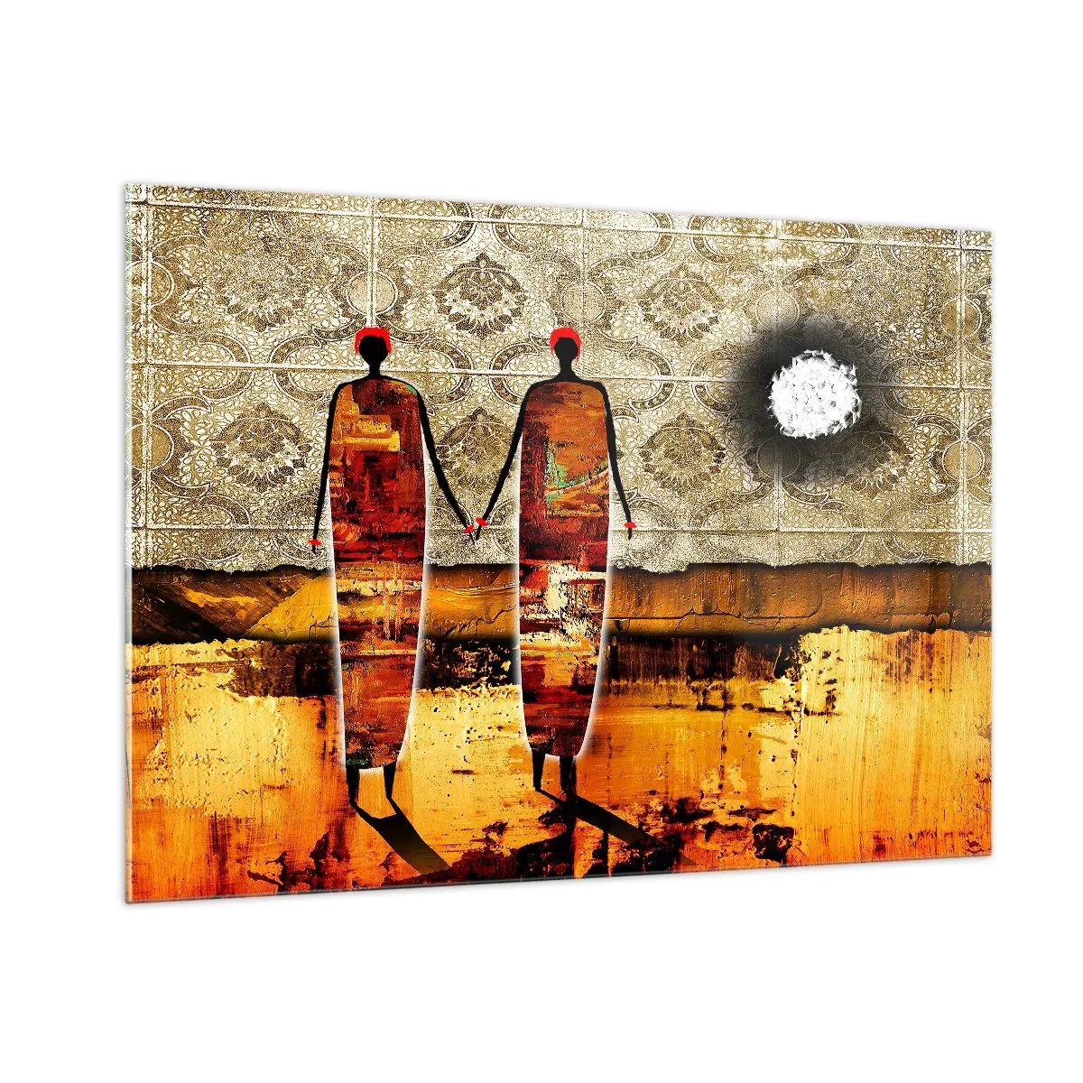 Impression sur verre - Image sur verre - Deux figures abstraites sur un fond d'ornement et de nuances dorées - 100x70cm - Composition ethnique aux couleurs de l'Afrique - Décoration murale moderne pour le salon et la chambre ARTTOR