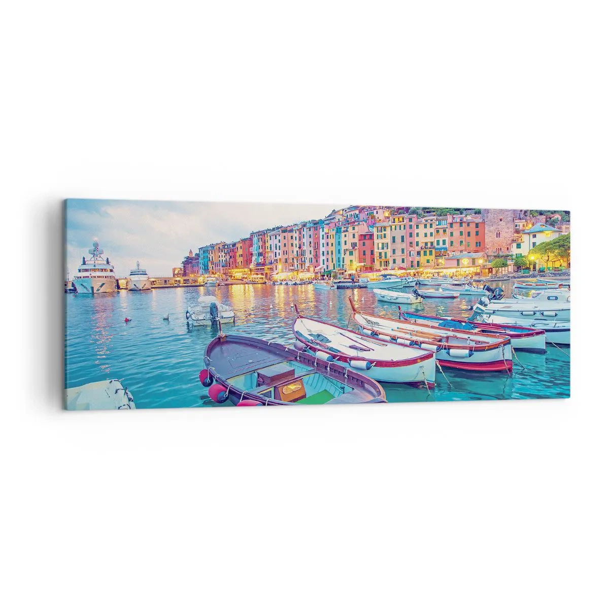 Impression sur toile - Image sur toile - Une ville portuaire colorée avec des bateaux dans le port - 140x50cm - Soirée colorée au port - Décoration murale moderne pour le salon et la chambre ARTTOR