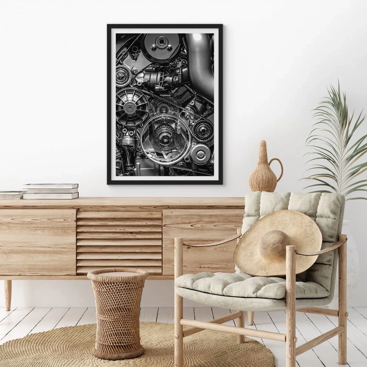 Affiche dans un cadre noir - Poster - Gros plan détaillé des composants mécaniques du moteur en noir et blanc - 50x70cm - Poésie mécanique - Décoration murale moderne pour le salon et la chambre ARTTOR