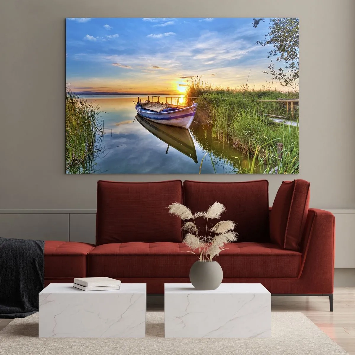 Impression sur verre - Image sur verre - Un bateau amarré au bord d'un lac au coucher du soleil - 100x70cm - La crique où les rêves deviennent réalité - Décoration murale moderne pour le salon et la chambre ARTTOR