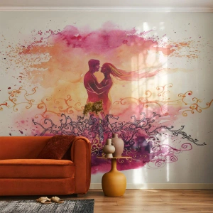 Papier Peint Photo Standard Eco - Silhouettes d'un couple amoureux dans un décor aquarelle - 100x70cm - Un coeur! Je n'ai pas besoin de beaucoup… - Décoration murale moderne pour le salon et la chambre ARTTOR