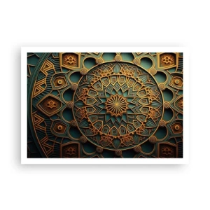 Affiche - Poster - Un mandala doré sur fond turquoise avec des détails riches. - 100x70cm - Dans une ambiance arabe - Décoration murale moderne pour le salon et la chambre ARTTOR