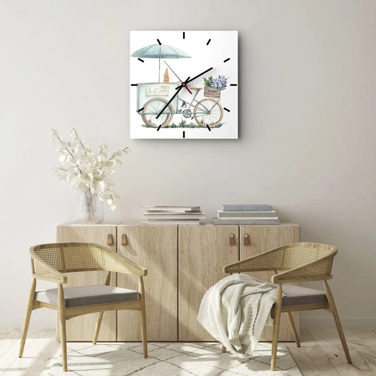 Horloge murale - Pendule murale - Un vélo avec de la glace et des fleurs sous un parapluie aux couleurs pastel délicates - 30x30cm - Doux souvenir d'été - Décoration murale moderne pour le salon et la chambre ARTTOR