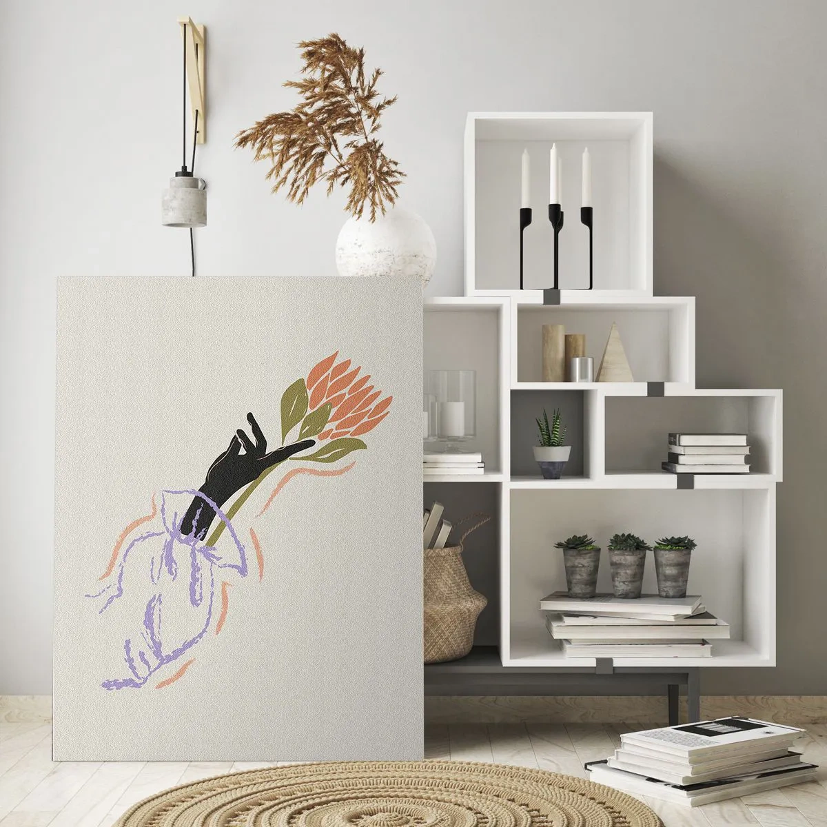 Impression sur verre - Image sur verre - Une main stylisée avec un bouquet de fleurs dessiné avec des lignes pastel. - 50x70cm - Touche fraternelle - Décoration murale moderne pour le salon et la chambre ARTTOR